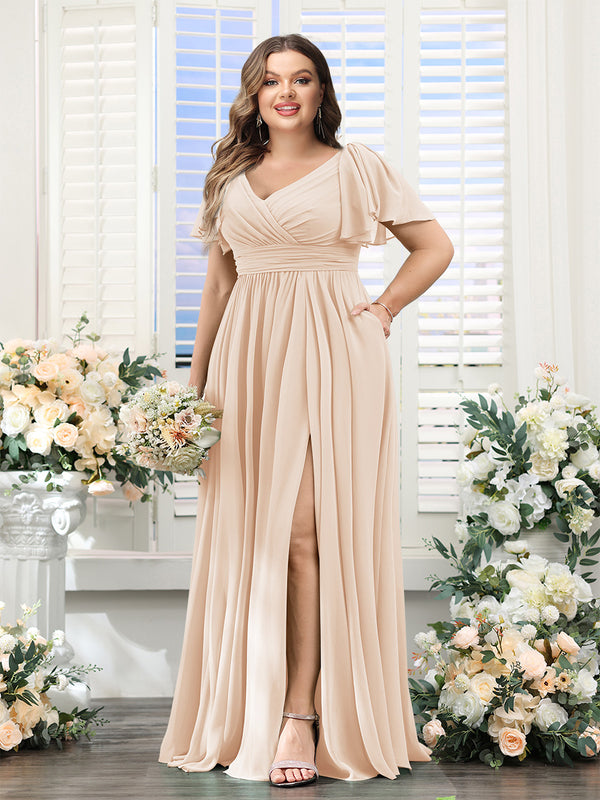 A-Line V-Neck Short Sleeves Split Side Chiffon Plus Size Bridesmaid Dresses with Pockets
