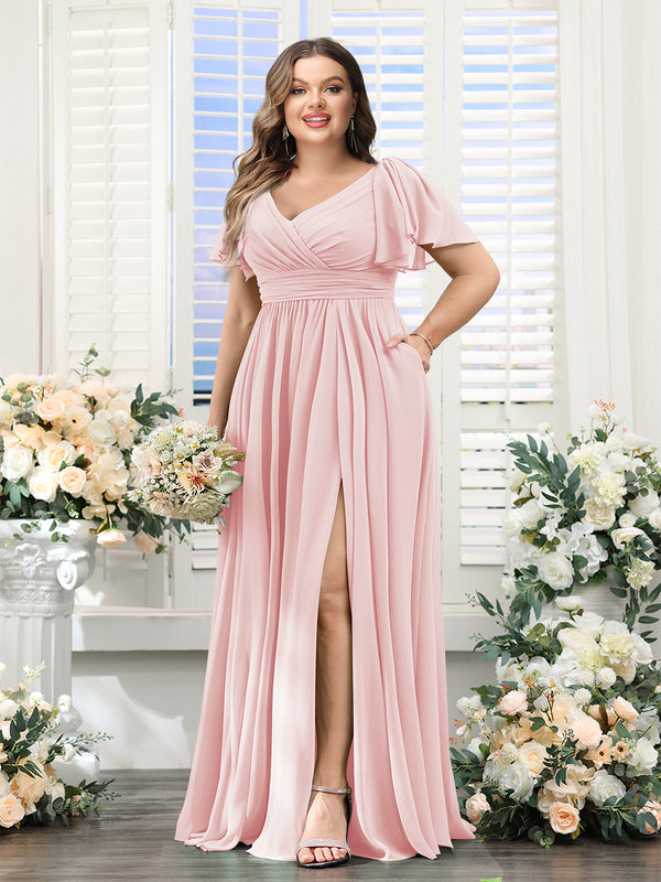 A-Line V-Neck Short Sleeves Split Side Chiffon Plus Size Bridesmaid Dresses with Pockets