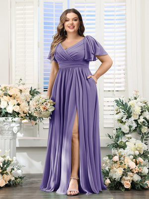 A-Line V-Neck Short Sleeves Split Side Chiffon Plus Size Bridesmaid Dresses with Pockets