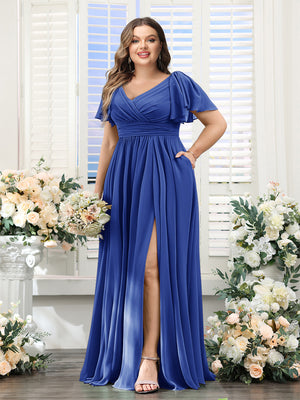 A-Line V-Neck Short Sleeves Split Side Chiffon Plus Size Bridesmaid Dresses with Pockets
