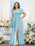 A-Line V-Neck Short Sleeves Split Side Chiffon Plus Size Bridesmaid Dresses with Pockets