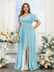 A-Line V-Neck Short Sleeves Split Side Chiffon Plus Size Bridesmaid Dresses with Pockets