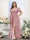 A-Line V-Neck Short Sleeves Split Side Chiffon Plus Size Bridesmaid Dresses with Pockets