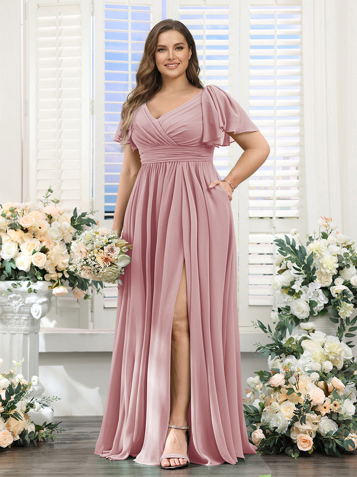 A-Line V-Neck Short Sleeves Split Side Chiffon Plus Size Bridesmaid Dresses with Pockets