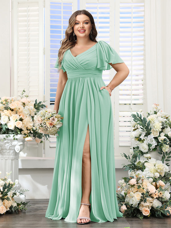 A-Line V-Neck Short Sleeves Split Side Chiffon Plus Size Bridesmaid Dresses with Pockets