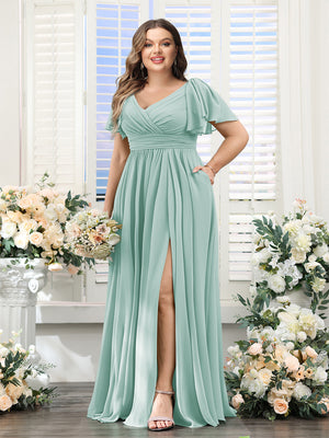 A-Line V-Neck Short Sleeves Split Side Chiffon Plus Size Bridesmaid Dresses with Pockets