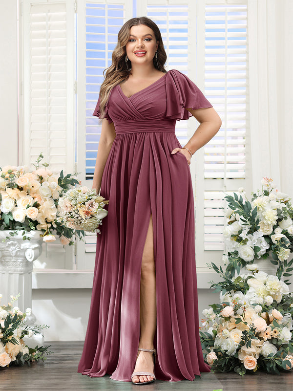 A-Line V-Neck Short Sleeves Split Side Chiffon Plus Size Bridesmaid Dresses with Pockets