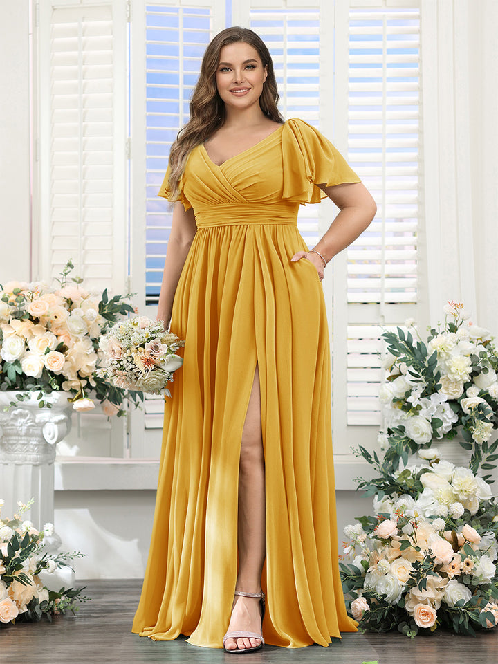 A-Line V-Neck Short Sleeves Split Side Chiffon Plus Size Bridesmaid Dresses with Pockets