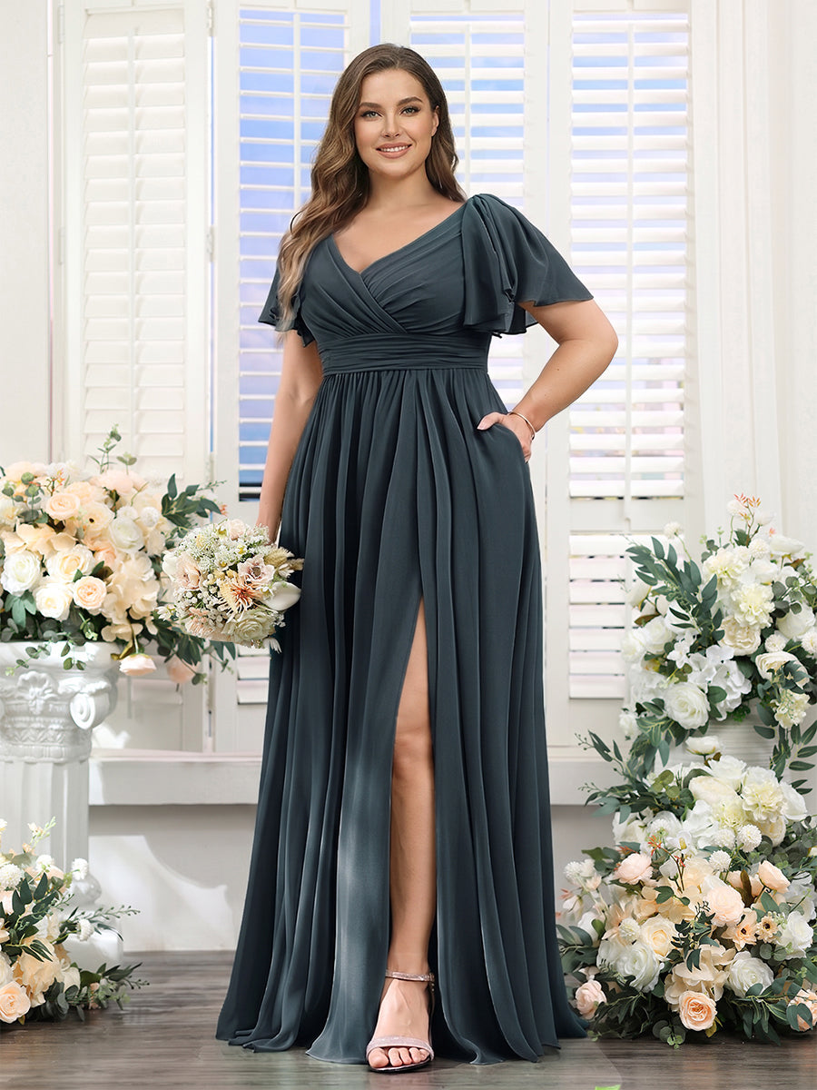 A-Line V-Neck Short Sleeves Split Side Chiffon Plus Size Bridesmaid Dresses with Pockets
