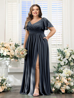 A-Line V-Neck Short Sleeves Split Side Chiffon Plus Size Bridesmaid Dresses with Pockets
