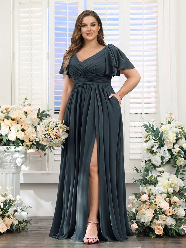 A-Line V-Neck Short Sleeves Split Side Chiffon Plus Size Bridesmaid Dresses with Pockets