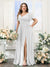 A-Line V-Neck Short Sleeves Split Side Chiffon Plus Size Bridesmaid Dresses with Pockets