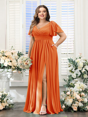 A-Line V-Neck Short Sleeves Split Side Chiffon Plus Size Bridesmaid Dresses with Pockets