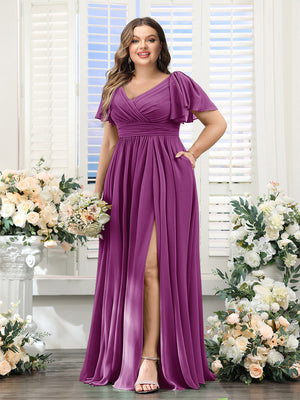A-Line V-Neck Short Sleeves Split Side Chiffon Plus Size Bridesmaid Dresses with Pockets