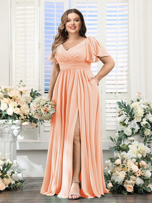 A-Line V-Neck Short Sleeves Split Side Chiffon Plus Size Bridesmaid Dresses with Pockets