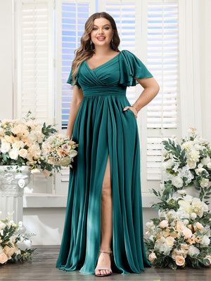A-Line V-Neck Short Sleeves Split Side Chiffon Plus Size Bridesmaid Dresses with Pockets