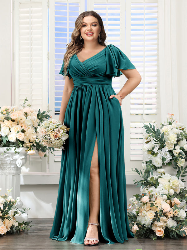 A-Line V-Neck Short Sleeves Split Side Chiffon Plus Size Bridesmaid Dresses with Pockets