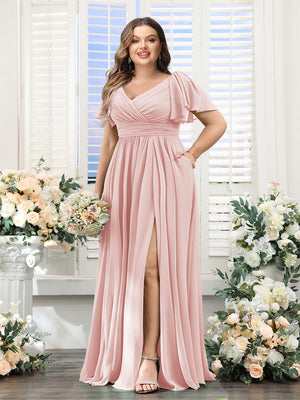 A-Line V-Neck Short Sleeves Split Side Chiffon Plus Size Bridesmaid Dresses with Pockets