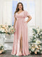 A-Line V-Neck Short Sleeves Split Side Chiffon Plus Size Bridesmaid Dresses with Pockets