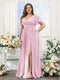 A-Line V-Neck Short Sleeves Split Side Chiffon Plus Size Bridesmaid Dresses with Pockets
