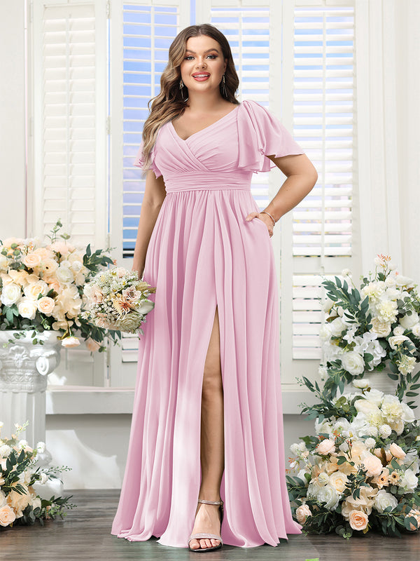 A-Line V-Neck Short Sleeves Split Side Chiffon Plus Size Bridesmaid Dresses with Pockets