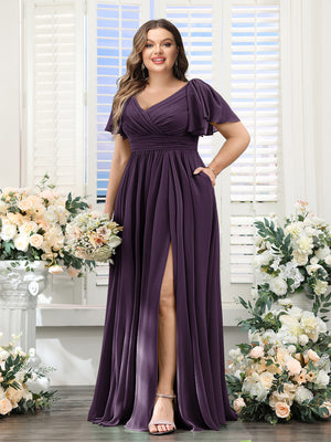 A-Line V-Neck Short Sleeves Split Side Chiffon Plus Size Bridesmaid Dresses with Pockets