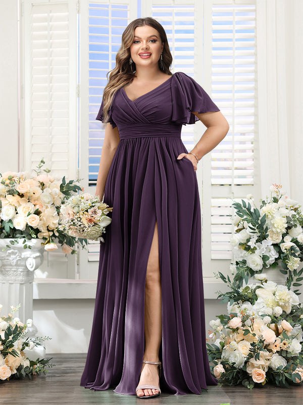 A-Line V-Neck Short Sleeves Split Side Chiffon Plus Size Bridesmaid Dresses with Pockets