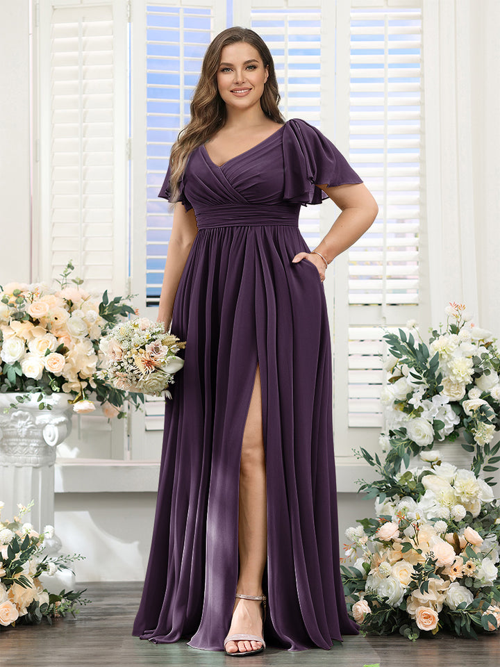 A-Line V-Neck Short Sleeves Split Side Chiffon Plus Size Bridesmaid Dresses with Pockets