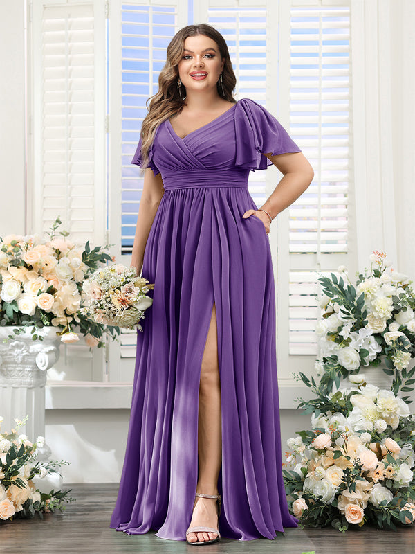 A-Line V-Neck Short Sleeves Split Side Chiffon Plus Size Bridesmaid Dresses with Pockets