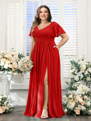 A-Line V-Neck Short Sleeves Split Side Chiffon Plus Size Bridesmaid Dresses with Pockets