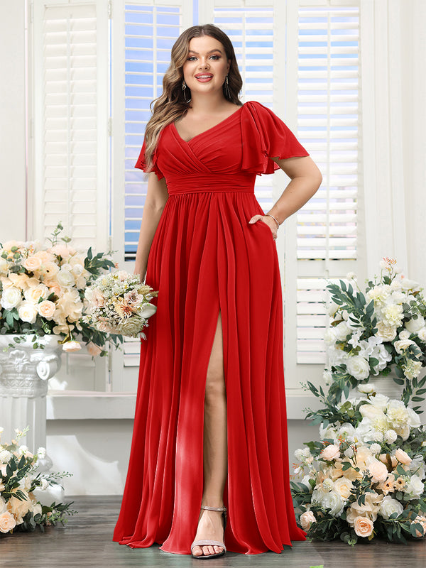A-Line V-Neck Short Sleeves Split Side Chiffon Plus Size Bridesmaid Dresses with Pockets