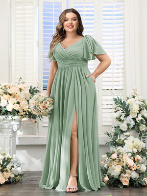 A-Line V-Neck Short Sleeves Split Side Chiffon Plus Size Bridesmaid Dresses with Pockets