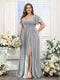 A-Line V-Neck Short Sleeves Split Side Chiffon Plus Size Bridesmaid Dresses with Pockets