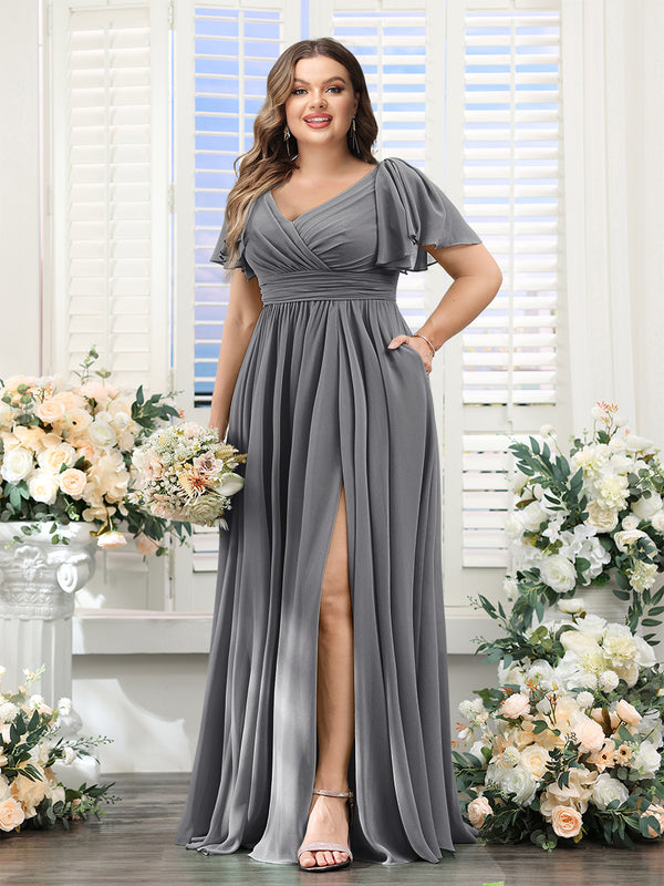 A-Line V-Neck Short Sleeves Split Side Chiffon Plus Size Bridesmaid Dresses with Pockets