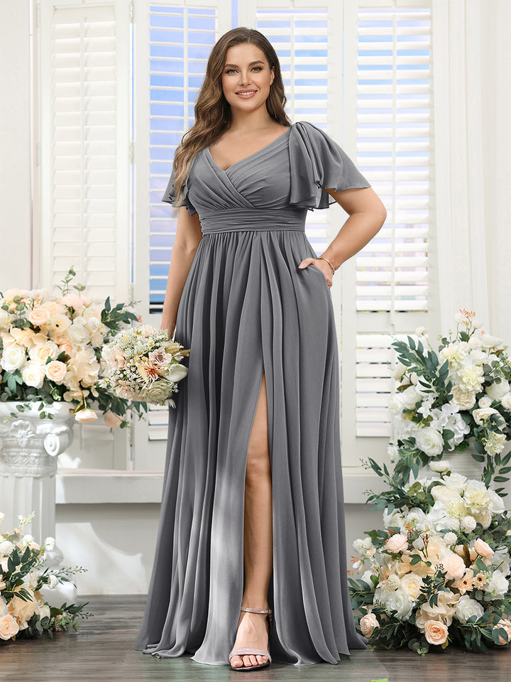 A-Line V-Neck Short Sleeves Split Side Chiffon Plus Size Bridesmaid Dresses with Pockets