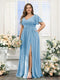 A-Line V-Neck Short Sleeves Split Side Chiffon Plus Size Bridesmaid Dresses with Pockets
