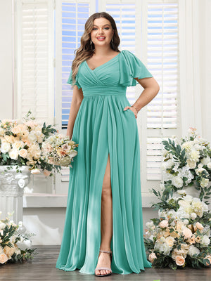 A-Line V-Neck Short Sleeves Split Side Chiffon Plus Size Bridesmaid Dresses with Pockets
