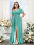 A-Line V-Neck Short Sleeves Split Side Chiffon Plus Size Bridesmaid Dresses with Pockets