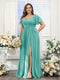 A-Line V-Neck Short Sleeves Split Side Chiffon Plus Size Bridesmaid Dresses with Pockets