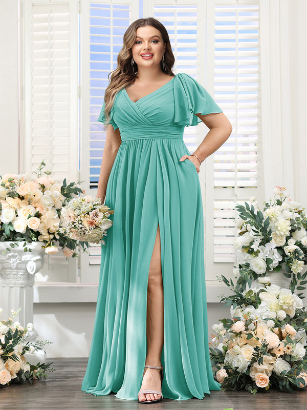 A-Line V-Neck Short Sleeves Split Side Chiffon Plus Size Bridesmaid Dresses with Pockets
