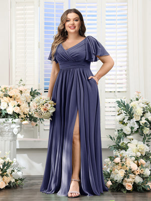 A-Line V-Neck Short Sleeves Split Side Chiffon Plus Size Bridesmaid Dresses with Pockets