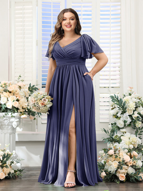 A-Line V-Neck Short Sleeves Split Side Chiffon Plus Size Bridesmaid Dresses with Pockets