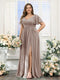 A-Line V-Neck Short Sleeves Split Side Chiffon Plus Size Bridesmaid Dresses with Pockets