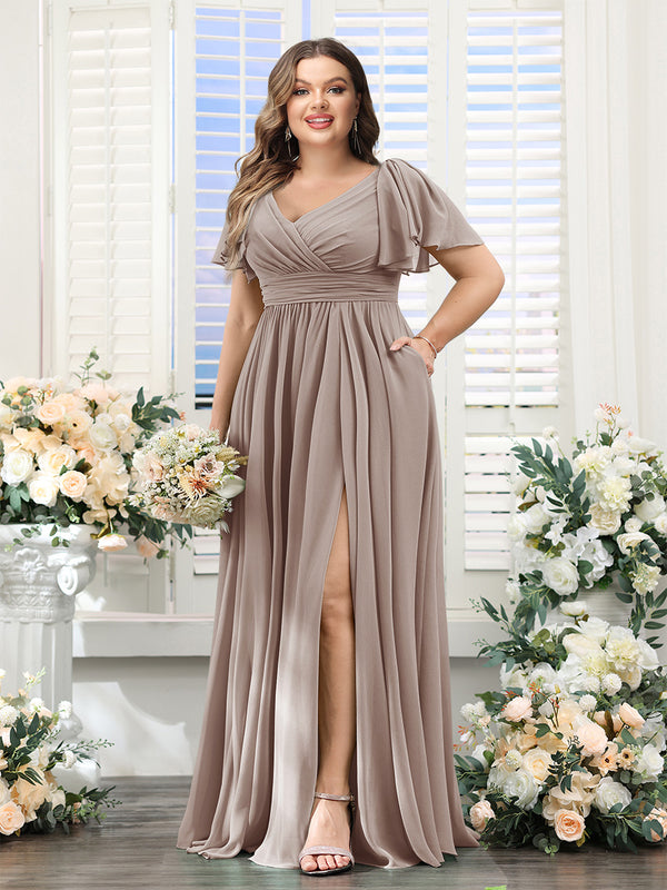 A-Line V-Neck Short Sleeves Split Side Chiffon Plus Size Bridesmaid Dresses with Pockets