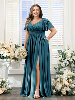 A-Line V-Neck Short Sleeves Split Side Chiffon Plus Size Bridesmaid Dresses with Pockets