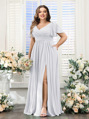 A-Line V-Neck Short Sleeves Split Side Chiffon Plus Size Bridesmaid Dresses with Pockets