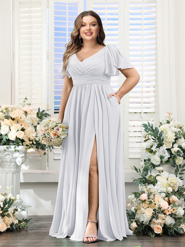 A-Line V-Neck Short Sleeves Split Side Chiffon Plus Size Bridesmaid Dresses with Pockets