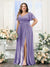 A-Line V-Neck Short Sleeves Split Side Chiffon Plus Size Bridesmaid Dresses with Pockets