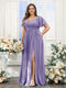 A-Line V-Neck Short Sleeves Split Side Chiffon Plus Size Bridesmaid Dresses with Pockets