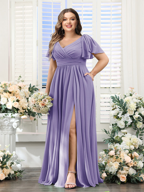 A-Line V-Neck Short Sleeves Split Side Chiffon Plus Size Bridesmaid Dresses with Pockets